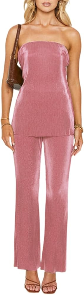 NUFIWI Womens Sexy 2 Piece Pants Set Strapless Off Shoulder Tube Tops Pleated Wide Leg Pants Y2k ... | Amazon (US)