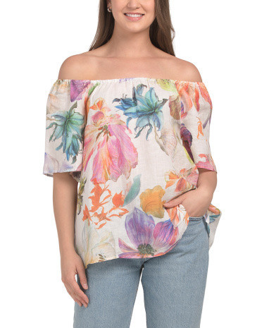 Linen Short Sleeve Printed Shirt For Women | TJ Maxx