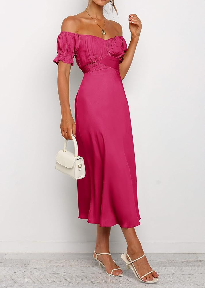 KIRUNDO Women's 2026 Spring Summer Satin Wedding Guest Midi Dress Off The Shoulder Wrap Party Coc... | Amazon (US)