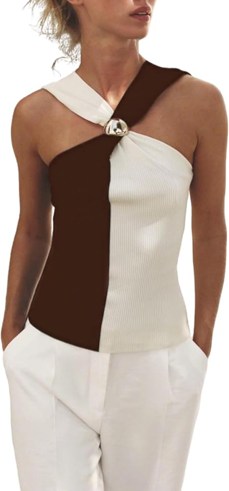 Women's Casual Color Block Halter Metal Buckle Sleeveless Knit Tops Cross Over Collar Blouse | Amazon (US)