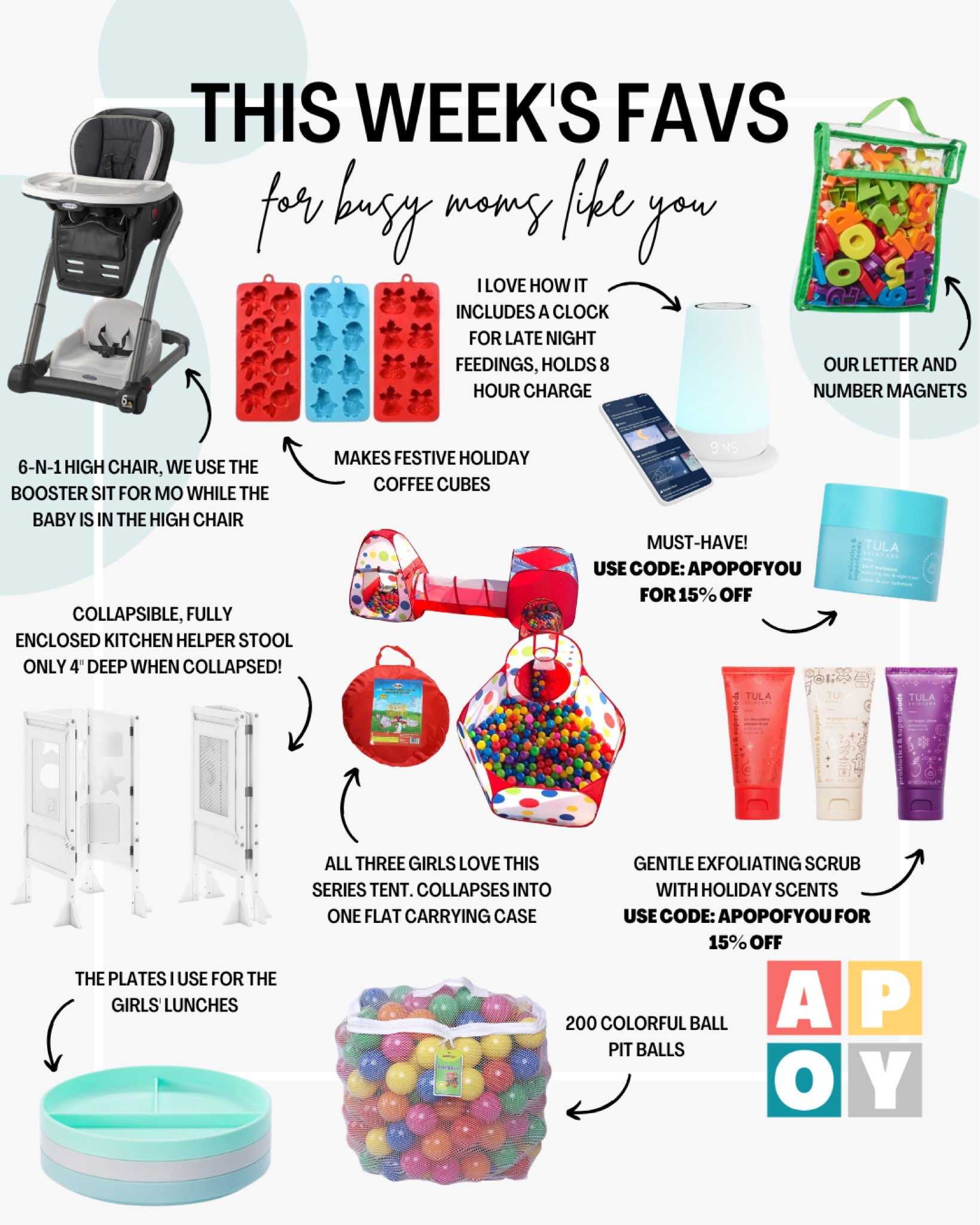 A roundup of our favorites this week!

For moms: Tula’s 24/7 hydrating day and night cream, Tula’s holiday exfoliating sugar scrub set 

For kids: Graco’s Blossom 6-n-1 high chair, letter and number magnets, collapsible series tent, ball pit balls, and Cloud Island toddler plates

For the home: holiday ice cube trays, Hatch white noise machine, Guidecraft kitchen helper stool

#LTKbaby #LTKhome #LTKkids
