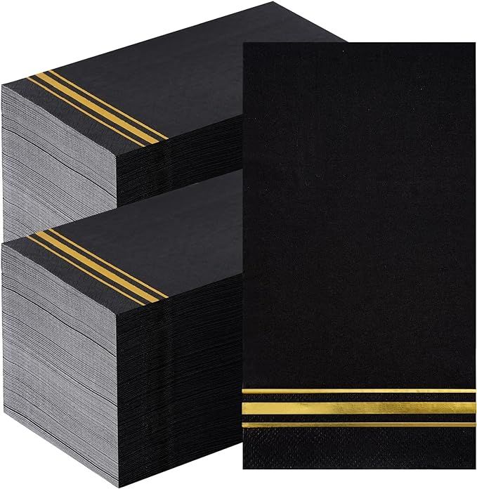 200 Gold Trim Lined Paper Napkins Black Elegant Dinner Napkins, 3 Ply Gold Foil Guest Napkins Dis... | Amazon (US)