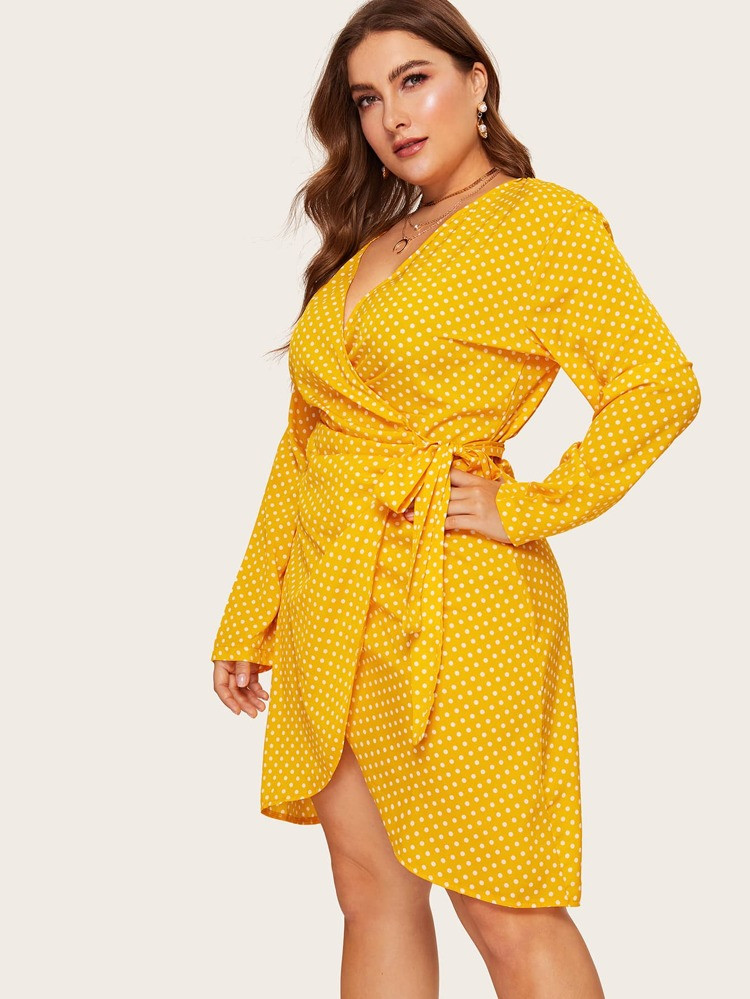 Plus Polka Dot Tulip Hem Belted Wrap Dress | SHEIN