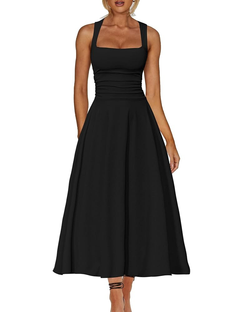 Kaximil Women's Square Neck Corset A Line Maxi Dress Ruffle Ruched Waist Flowy Long Dresses | Amazon (US)