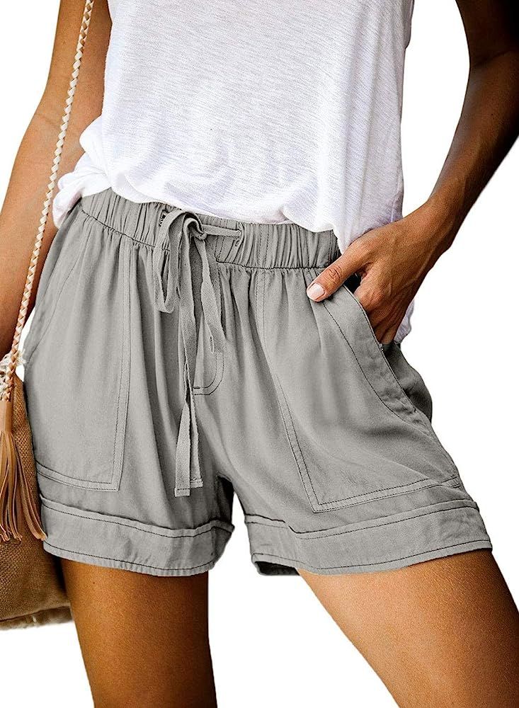 QACOHU Womens Summer Shorts Casual Comfy Drawstring Elastic Waist Shorts with Pockets | Amazon (US)