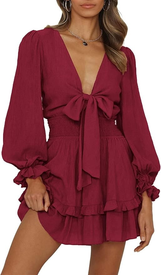 PRETTYGARDEN Women's Short A-Line Flare Dress Knot Front Long Sleeve V Neck Tiered Ruffle Swing M... | Amazon (US)