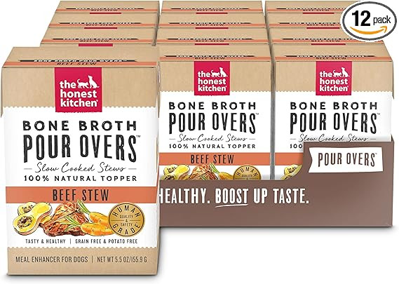 The Honest Kitchen Bone Broth POUR OVERS Wet Toppers for Dogs (12 Pack), 5.5 oz - Beef Stew | Amazon (US)