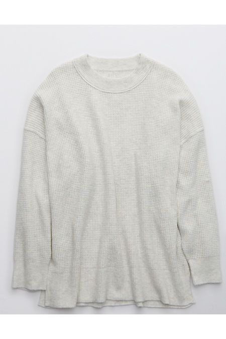 Aerie Waffle Oversized Crew Sweater Women's Heather Gray L | American Eagle Outfitters (US & CA)