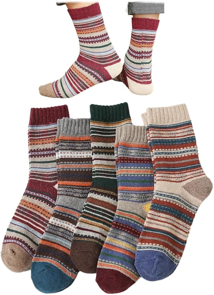 5-Pairs Vintage Knitting Stripe Reindeer Wave Pattern Women’s Fluffy Cute Crew Socks Warm Soft ... | Amazon (US)