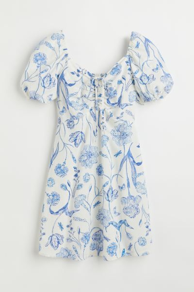 Short dress in a woven linen and cotton blend. Sweetheart neckline, drawstring and ties at front,... | H&M (US + CA)