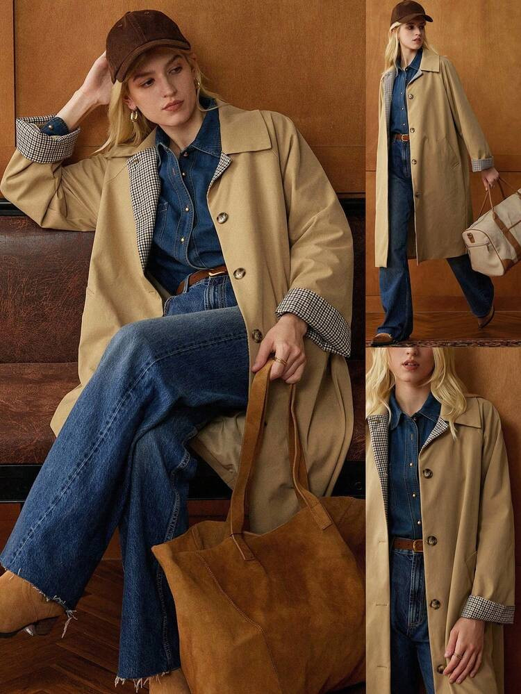 Écloséra Elegant French Retro Khaki Shirt Collar Long Sleeve Multicolor Plaid Contrast Color Open Placket Spring And Autumn Women's Windbreaker Jacket Women's Coat Women's Autumn Clothing | SHEIN