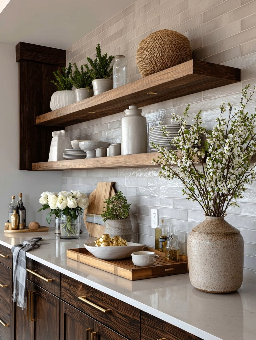 Your everyday dishes are the decor. You just need the shelf to prove it. 🤎

Floating shelves work when they hold things you actually use. White ceramics, stacked bowls, a wooden tray, greenery. Styled with restraint, the practical becomes beautiful.

The formula is simple. Group in odd numbers. Mix heights. Repeat one material, like warm wood or white stoneware, so it reads as a collection instead of clutter. And leave some empty space. A crowded shelf looks like storage. A breathing shelf looks like design.

Wood shelves against a light tile wall do the heavy lifting. The contrast makes both materials look richer, and a touch of gold in the hardware ties it to the rest of the kitchen.

I've linked wood floating shelves, white vases, serving trays, and the gold hardware from this look. 

 #elegantanddriven #kitchenshelves #openshelves #kitchendecor #homestyling
