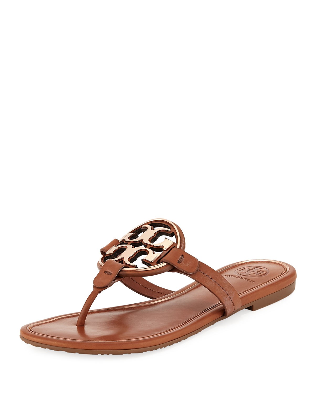 Tory Burch Miller Flat Metal Logo Slide Sandals | Neiman Marcus