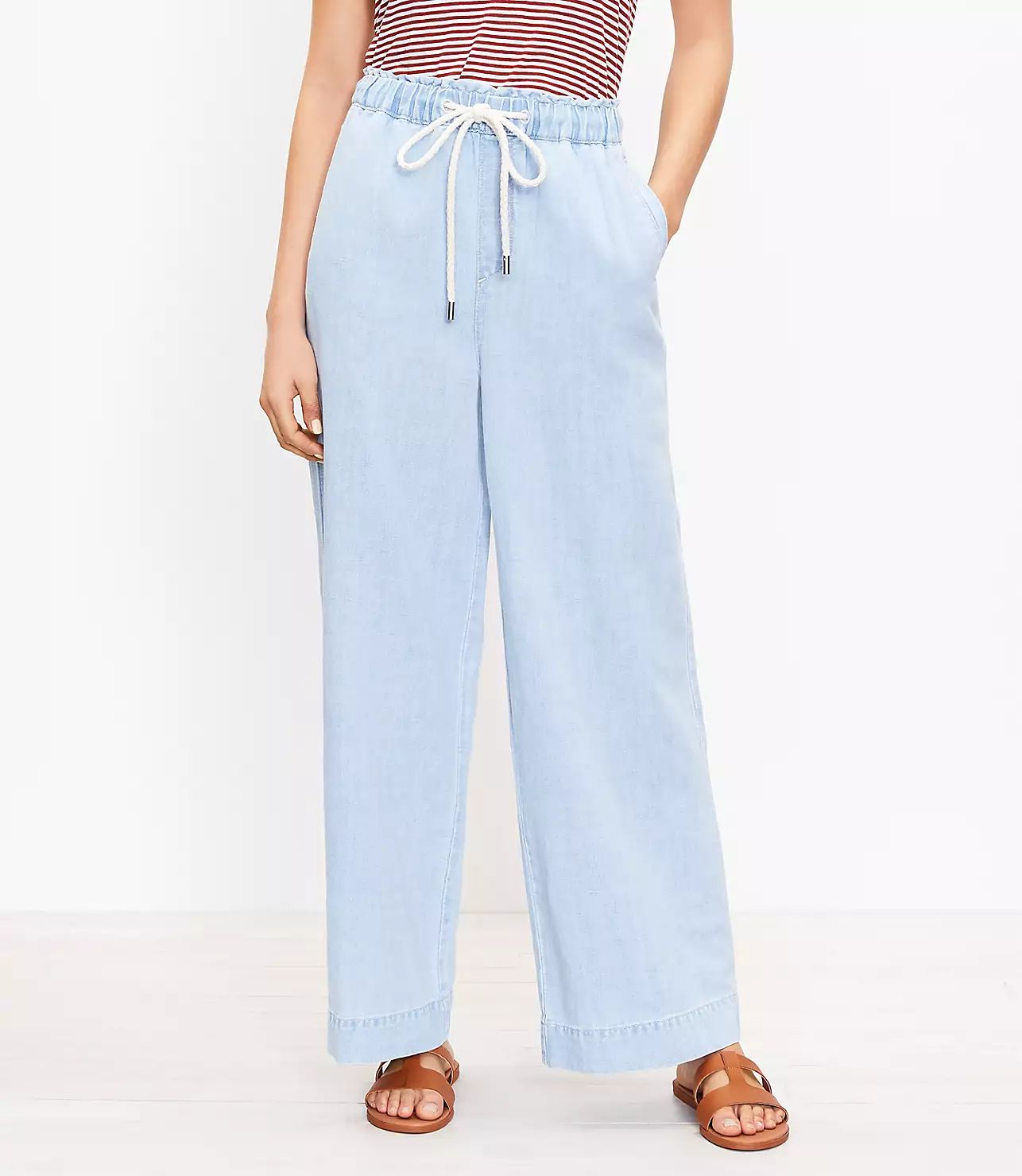 High Rise Cotton Linen Pull On Wide Leg Jeans in Indigo Mist | LOFT