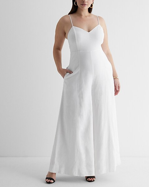 Linen-Blend V-Neck Wide Leg Jumpsuit | Express
