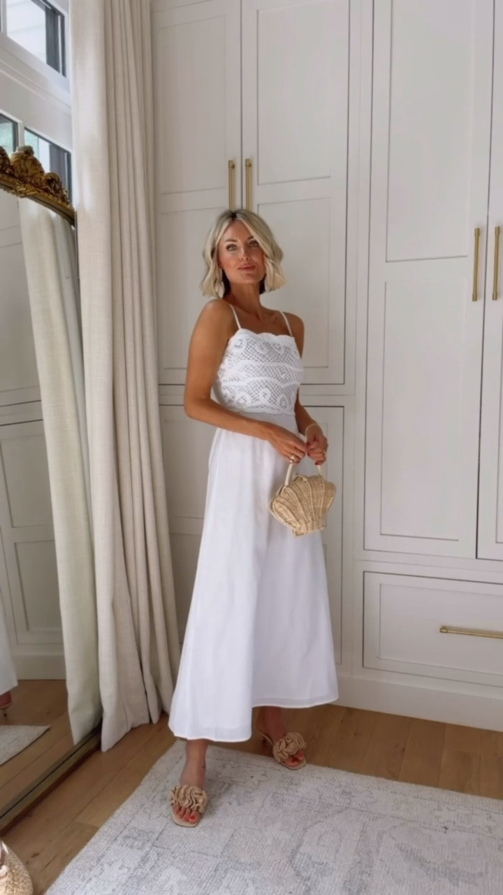 This dress is giving me all the elegant beachy vibes! Dress on sale right now for 30% off, shoes 25% off and the rattan shell purse is 70% off! The linen cotton is so chic and airy. The crocheted lace appliqué is such a pretty finish. Wearing XS

Loverly grey, loft finds, fashion women’s finds, what to wear beach, 30a outfits, white midi dress, flowy women’s dress, timeless white dress summer

#LTKSeasonal #LTKSaleAlert