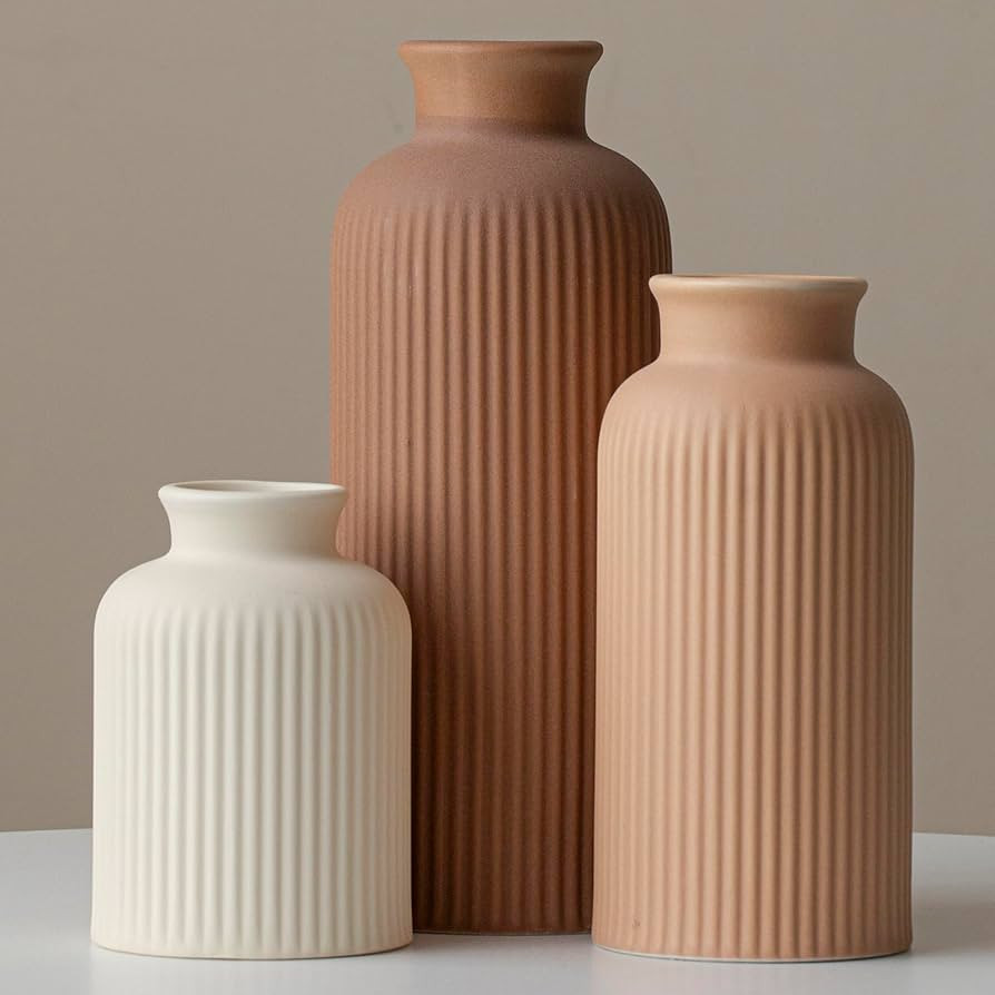 Large Modern Ceramic Vase Set, Coffee Ribbed Matte Design, 3-Piece Decorative Vases for Home, Liv... | Amazon (US)