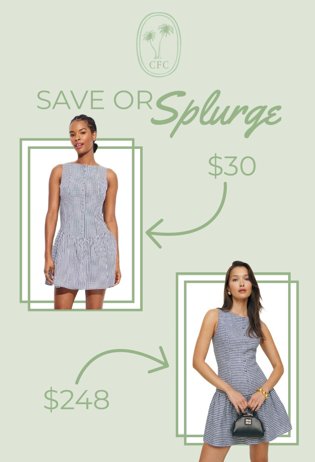 Retro blue gingham drop waist mini dress reformation dupe for under $50. Perfect for spring  