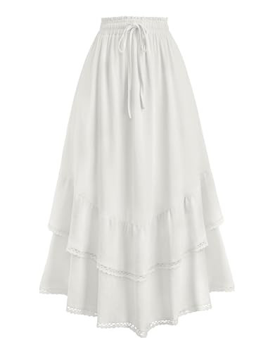 HUSKARY White Skirt for Women 2025 Summer Boho Trendy Ruffle Layered A Line Tiered Midi Maxi Skirts with Pockets White Small | Amazon (US)