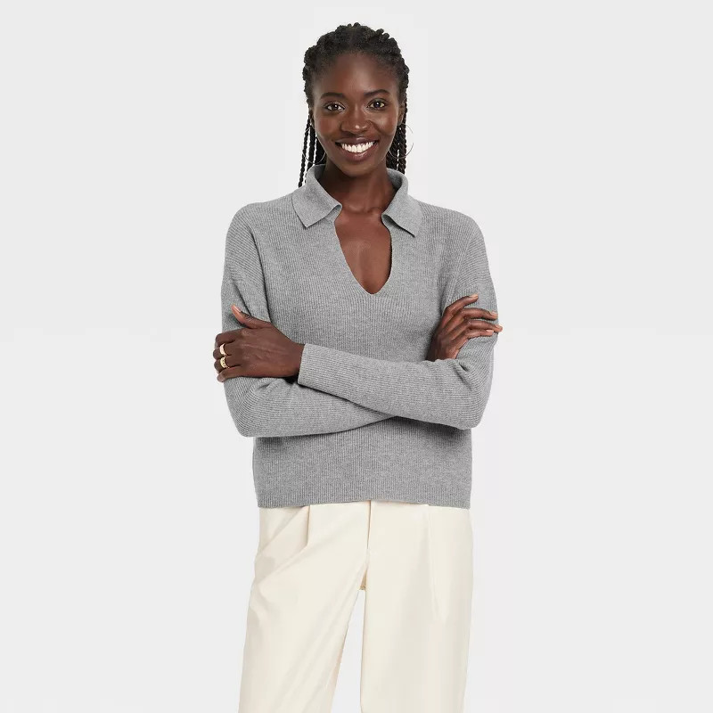 Women's Collared Polo Ribbed Pullover Sweater - A New Day™ Gray S | Target