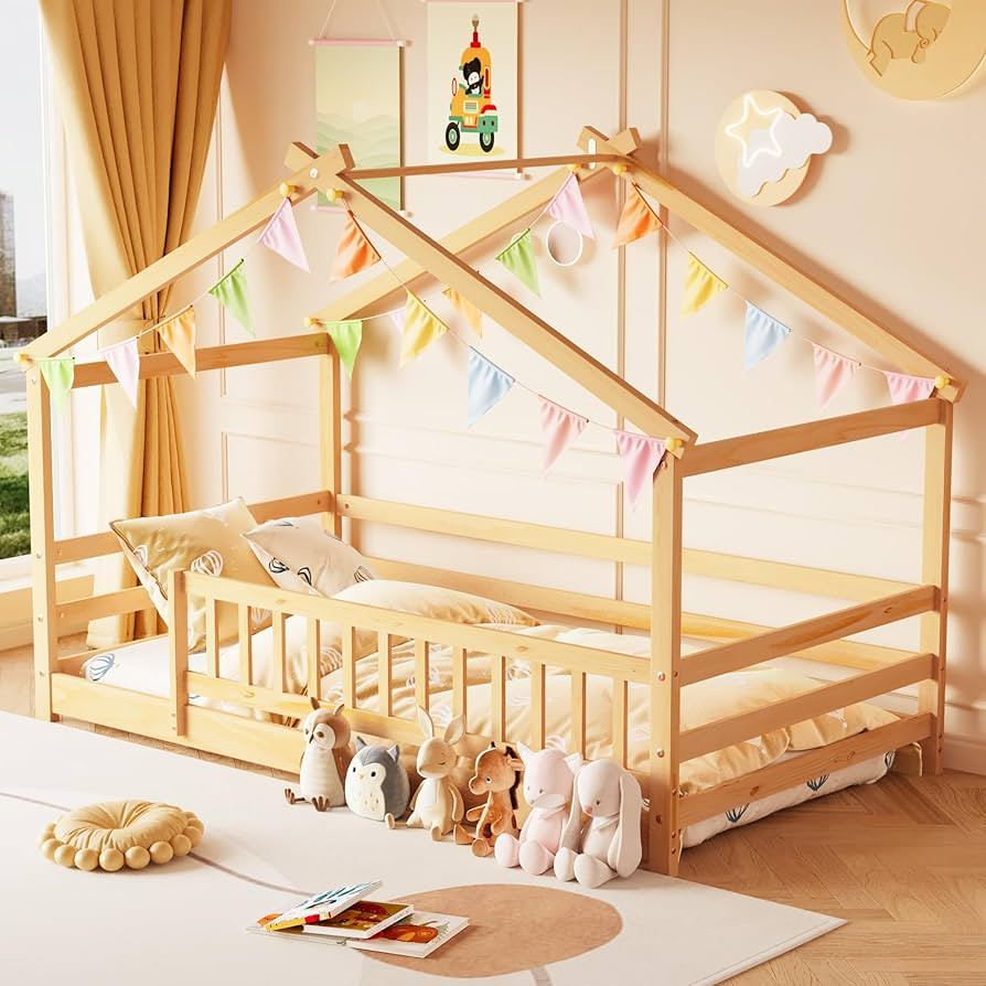 Twin House Bed, Montessori Floor Bed for Kids, Wooden Montessori Beds, Wooden Floor Bed Frame wit... | Amazon (US)