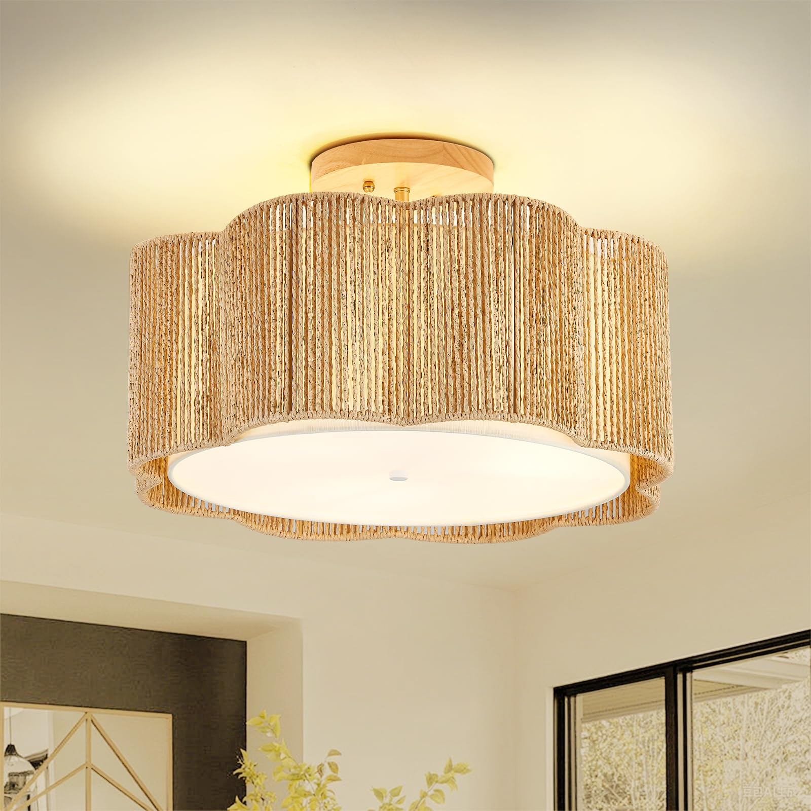 18 Inch Rattan Flush Mount Ceiling Light Fixtures 3-Light Boho Light Fixtures for Bedroom,Close t... | Amazon (US)