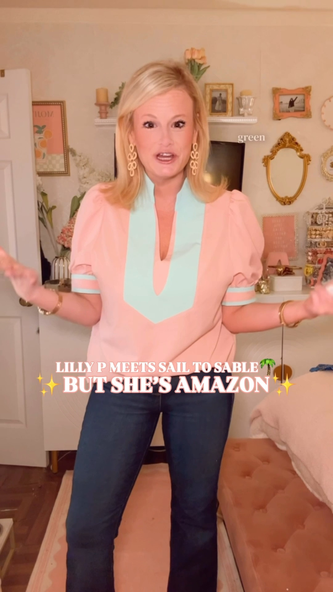 Amazon designer-inspired blouse • Lilly Pulitzer look for less • preppy summer top

This Amazon blouse is a best seller for a reason. It gives that Lilly Pulitzer meets Sail to Sable energy: polished, feminine, and colorful. 

The puff sleeves + contrast V-neck trim are what make this feel elevated. It has that designer-coded look that works for real life.

I’m wearing a medium, and the fit is relaxed but still polished. Easy to half-tuck, wear loose, or style with white denim, trousers, shorts, or skirts.

Why this one is a stand out:
• Lilly-inspired silhouette with preppy contrast trim
• Flattering V-neck that elongates without feeling low
• Soft puff sleeves that add structure without bulk
• Lightweight, breathable fabric that works in warm weather
• Comes in tons of colors for every style and season

This is an easy yes for work outfits, teacher outfits, brunch, travel, casual dinners, vacations, and everyday polished looks.

If you’re searching for Amazon best sellers, Lilly Pulitzer look for less, preppy blouses, puff sleeve tops, work tops for women, or colorful summer tops, this is one to grab — it’s a repeat favorite for a reason.

#amazonfashion #lookforless #lillypulitzer #sailtosable #preppystyle

#LTKWorkwear #LTKootd #LTKSaleAlert