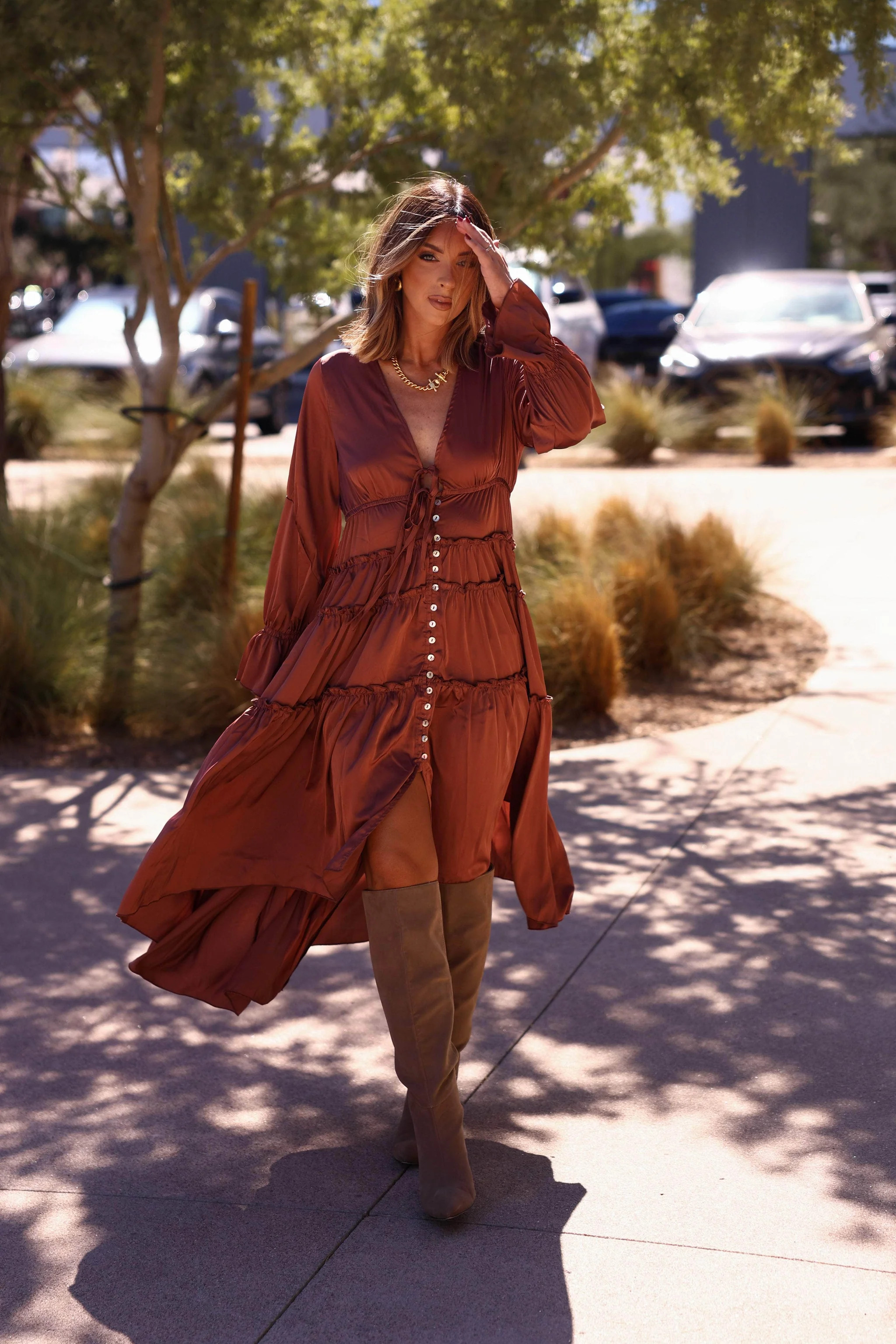 Mocha Ruffle High Low Dress | Lane 201 Boutique