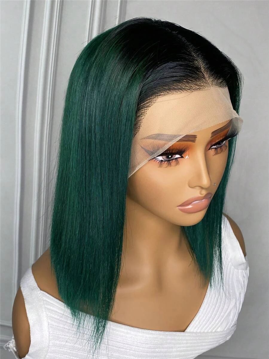 Straight 13 X 4 Lace Frontal Wigs 12Inch 1B Green Color Human Hair Wig Ombre Color | SHEIN