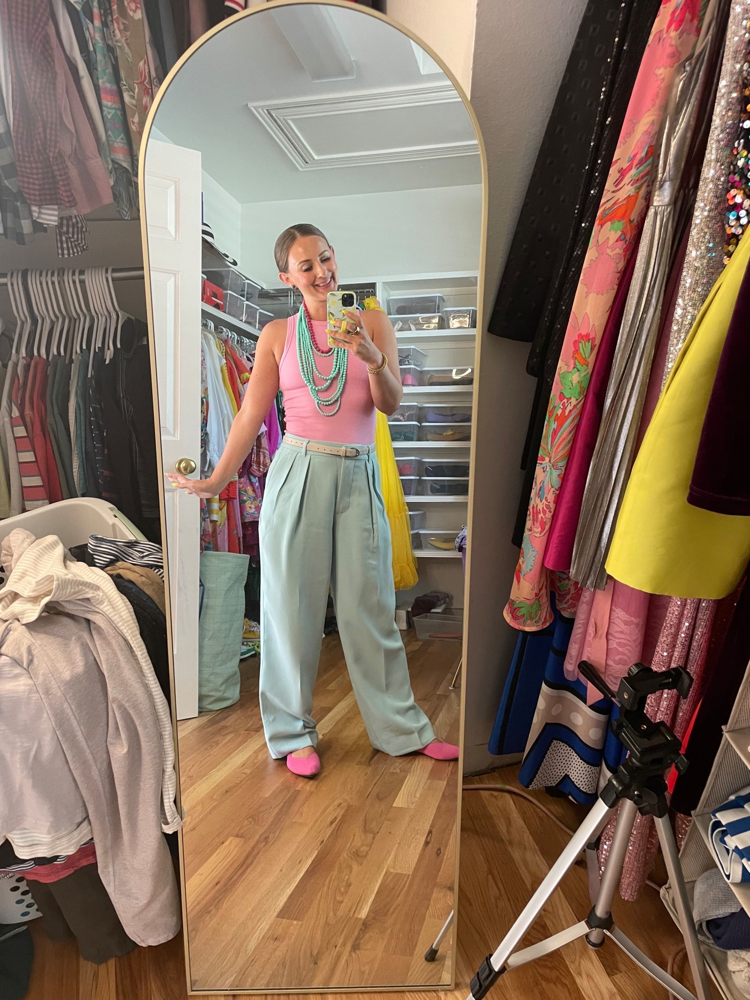 My daughter picked this fit.  For her it’s a Barbie and Ken juxtaposition.  That’s my baby, she’s iconic.

These exact colors aren’t available but I’ve linked the items anyway!  Necklaces are thrifted!
