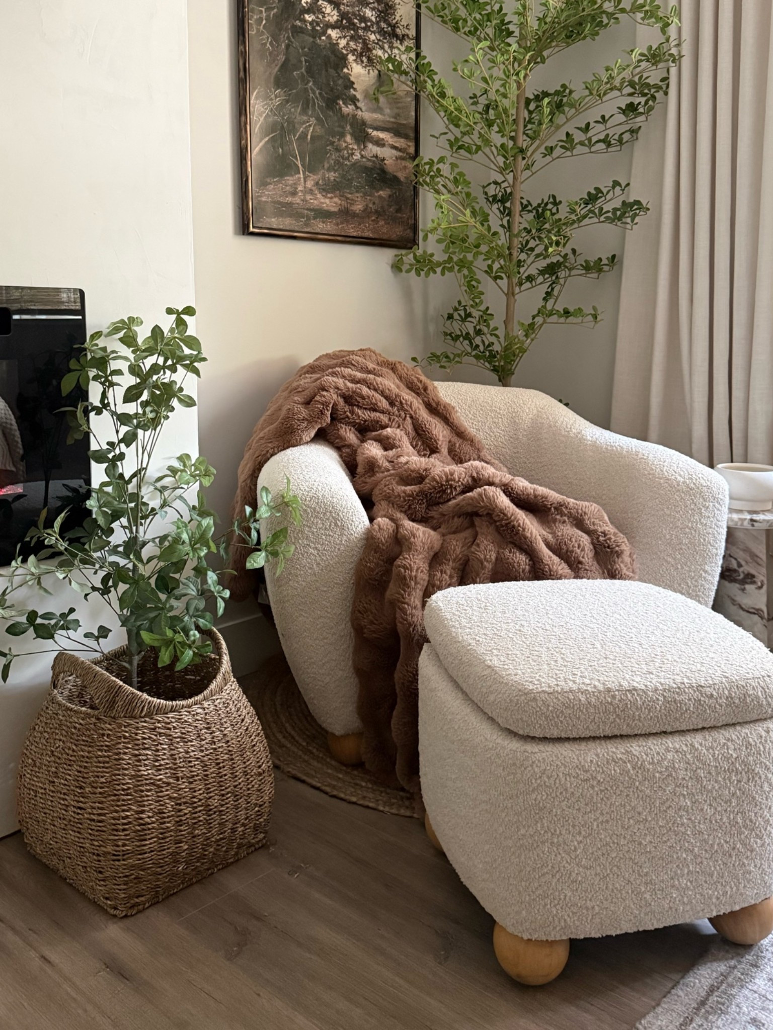 #ad 
A cozy corner moment in the bedroom. 
@Wayfair chair and ottoman…cozy perfection! Bonus: the ottoman opens up for storage. 
#wayfair #wayfairpartner

#LTKfall #LTKhome
