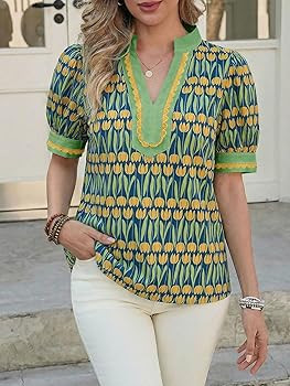 Tankaneo Womens Puff Sleeve Floral Blouse Tops Summer Dressy Casual V Neck Shirts Color Block Loo... | Amazon (US)