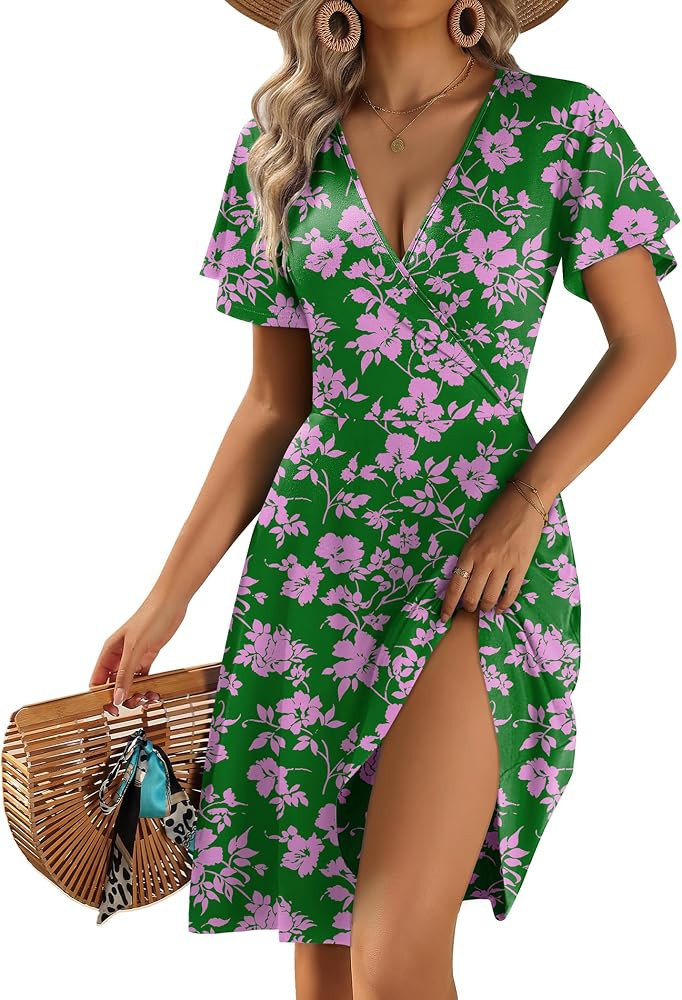 Zeagoo Womens Summer Dresses Wrap V Neck Dress Floral A-Line Ruffle Sleeve Casual Sundress with P... | Amazon (US)