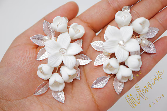 Swarovski Ceramic White Flower Petals Crystal, Long Bridal Jewelry Bridal Earrings Crystal Bridal... | Etsy (US)