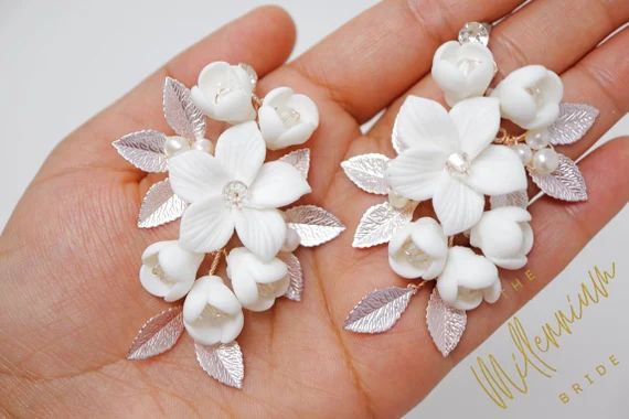 Swarovski Ceramic White Flower Petals Crystal, Long Bridal Jewelry Bridal Earrings Crystal Bridal... | Etsy (US)