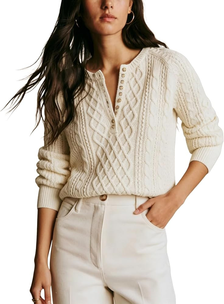 Hongsui Women's Solid Ribbed Knit Sweater Casual Long Sleeve Cropped Pullover Sweater Button Knit... | Amazon (US)