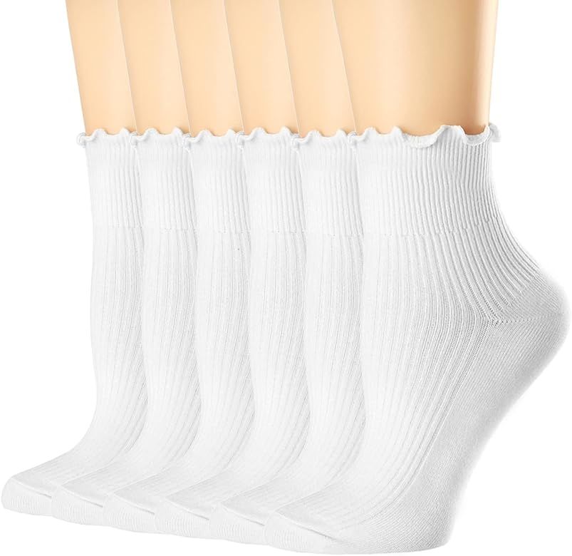 Mcool Mary Womens Socks, Ruffle Turn-Cuff Casual Ankle Socks Cool Thin Cotton Knit Lettuce Crew Fril | Amazon (US)