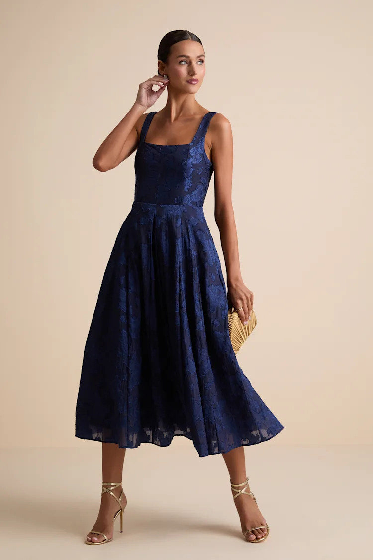 Loira Navy Burnout Jacquard Lace-Up Midi Dress | Lulus