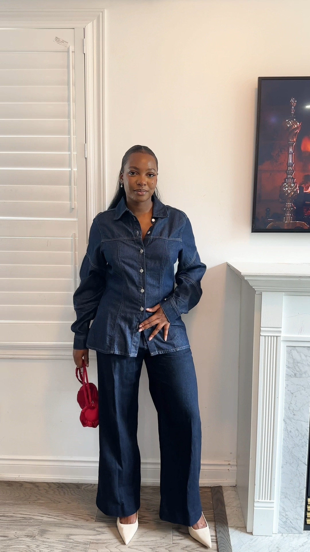 Cinched denim shirts, jeans, and kitten heels