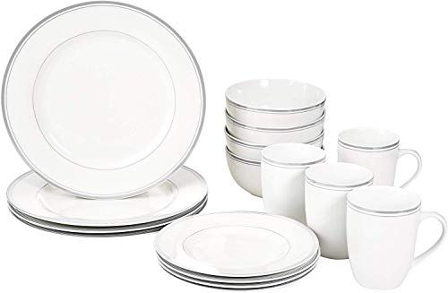 Amazon Basics 16-Piece Cafe Stripe Kitchen Dinnerware Set, Plates, Bowls, Mugs - Service for 4, G... | Amazon (US)