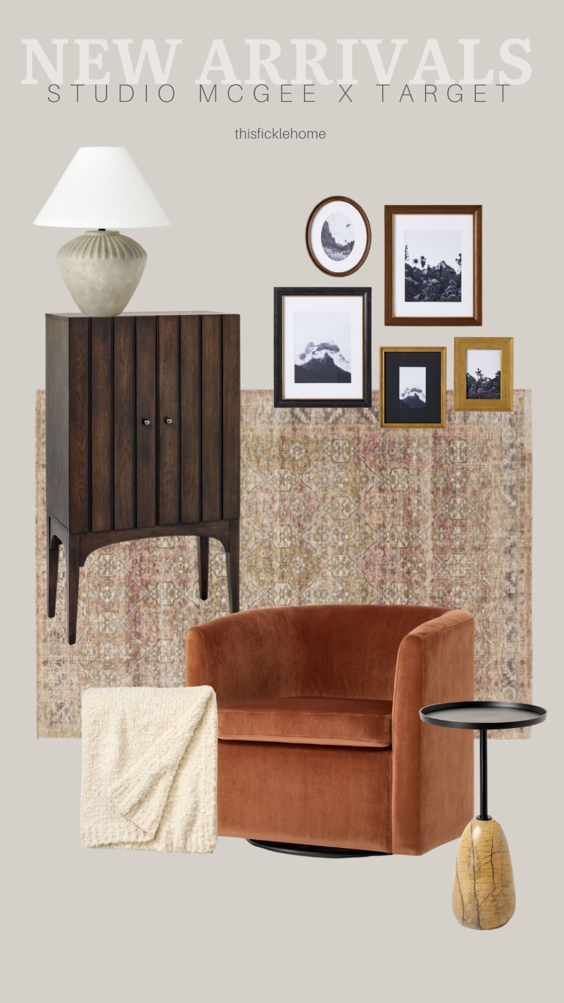 New arrivals from the Studio McGee line at Target.

Barrel swivel chair. Boucle throw blanket. Marble drink table. Neutral area rug. Neutral ceramic table lamp. Wood gallery wall frames. Dark brown fluted cabinet. Living room refresh!

#LTKHome