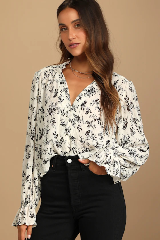 Keep Things Classy Beige Floral Print Button-Up Long Sleeve Top | Lulus
