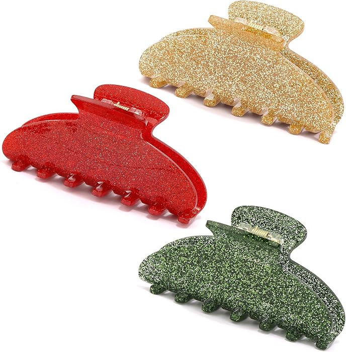CUBACO Glitter Hair Claw Clips for Thick Hair, 3PCS Christmas Hair Accessories for Women Large Cu... | Amazon (US)