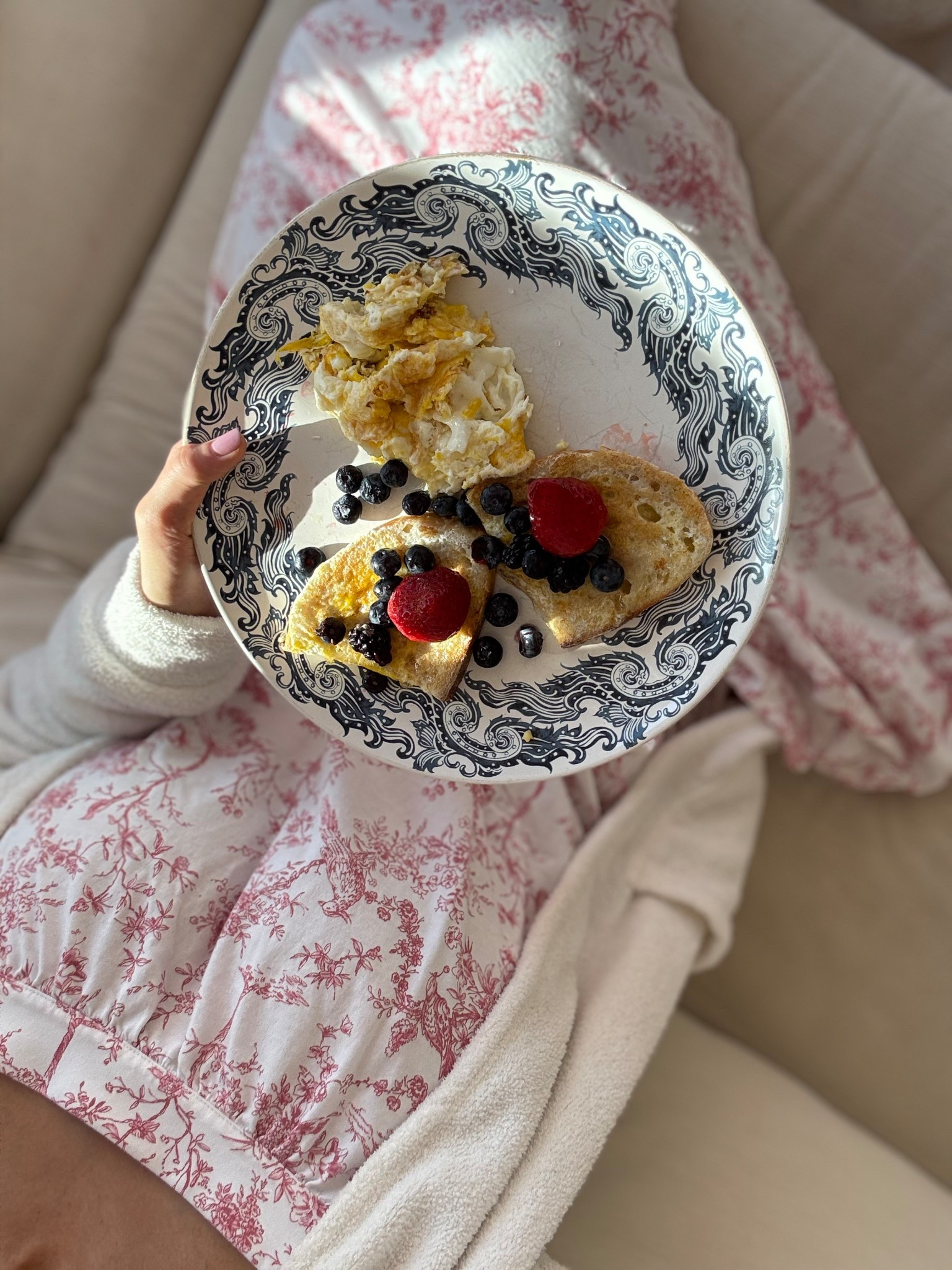 Sourdough French toast with grass fed butter, berries, and pure maple syrup. Paired with ￼leftover egg wash scramble. Loving this feminine and cozy nightgown. Size small. Perfect for spring🌸

#LTKmomlife #LTKmorningroutine #LTKfoodie