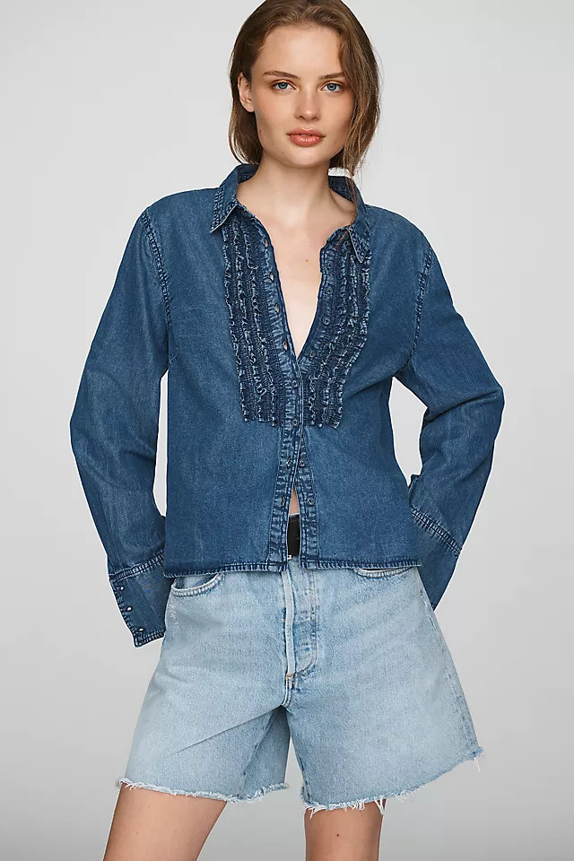 100% Cotton Denim Ruffled Buttondown Shirt | Anthropologie (US)