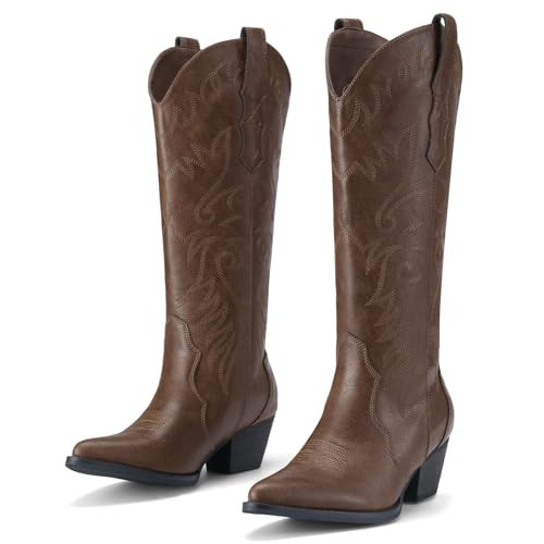 Rollda Cowboy Boots for Women Cowgirl Boots Embroidered Knee-High Western Boots Pointy Toe with Chunky Heel Bronze Size 9.5 | Amazon (US)