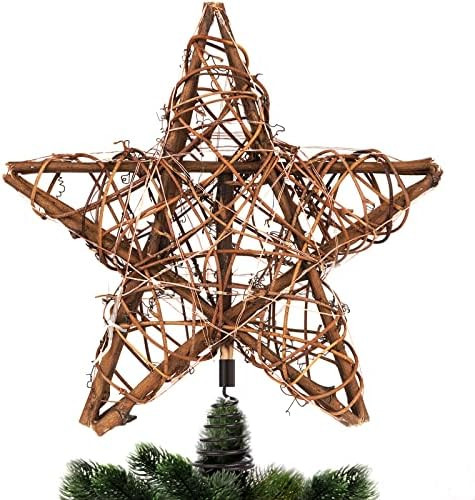 10-inch Rattan Christmas Tree Toppers Star w/ 2 Santa Claus Pendants, Autotreasure Rustic Tree Star  | Amazon (US)