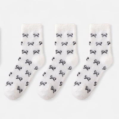 Anna-Kaci Women's 3-Pack Fuzzy Crew Socks with Allover Bow Pattern Soft Cozy Knit Winter Sock Set - White | Target