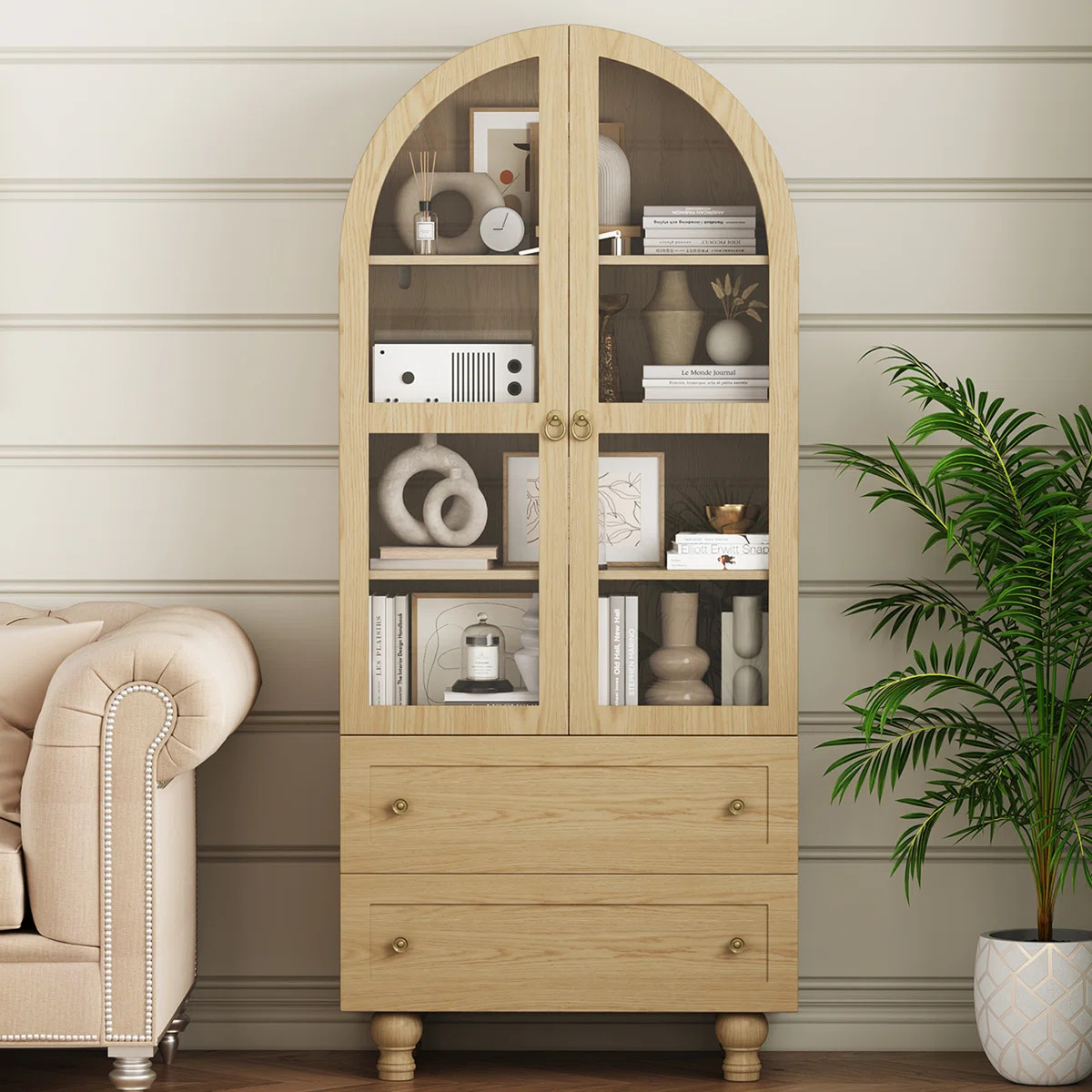 71" Arched Storage Display Cabinet Bookcase, Kitchen Pantry Bookshelf with Glass Door & Drawers | Wayfair North America