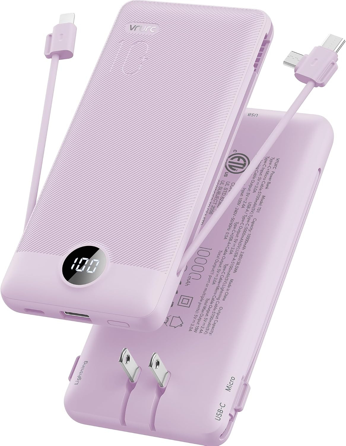 VRURC Portable Charger, Power Bank Built-in Cables and AC Wall Plug | Amazon (US)
